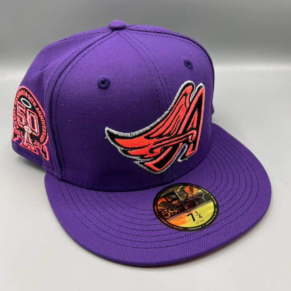 Los Angeles LA Angels Hat Men 7 1/4 Purple 59Fifty New Era MLB Fitted Cap